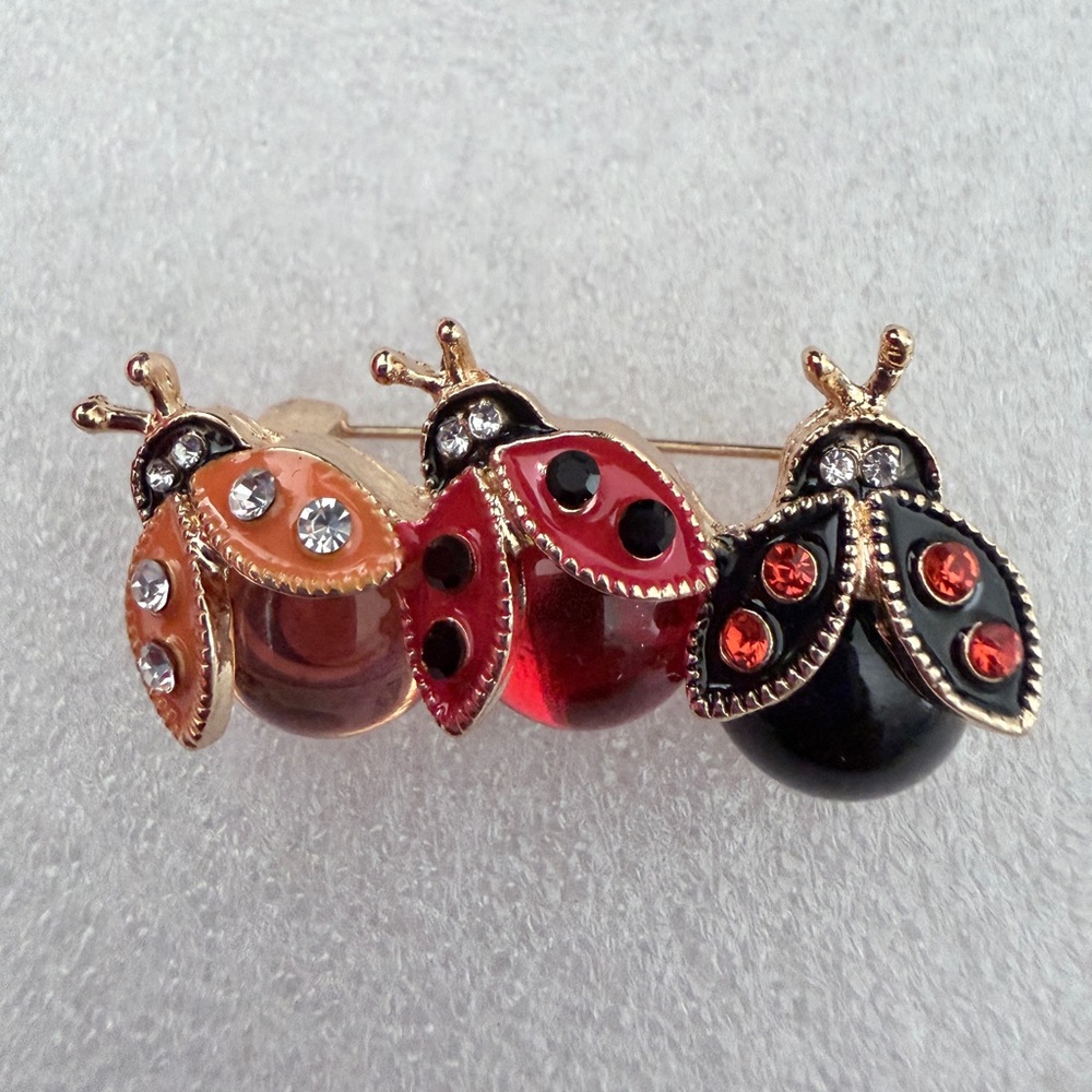 Ladybug Brooch- Gold-Tone Multicolor - Black, Red, Peach